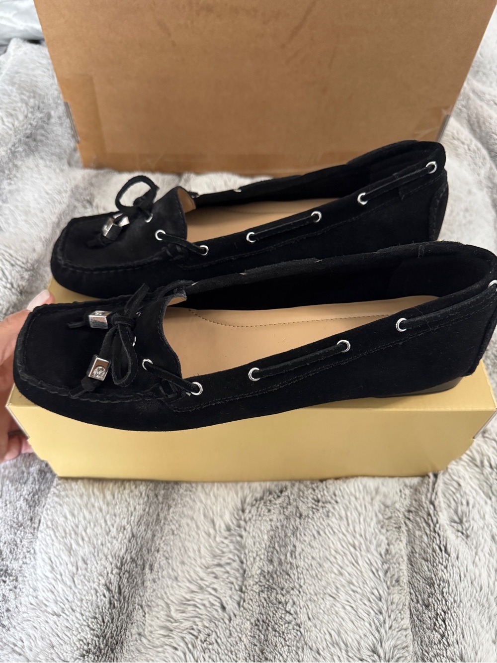 Michael Kors Black Suede Moccasins with Bow-Tie and Metal Accents - Picture 2 of 4